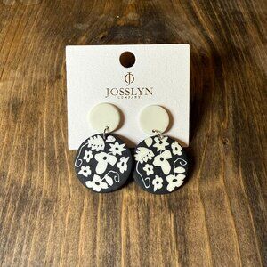 Earrings Polymer Black with White Flowers